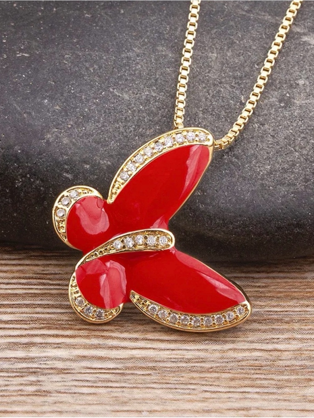 Red Enamel & CZ Butterfly Pendant Necklace NWT 18KT Gold Plated